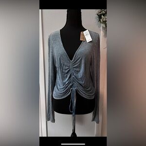 American Eagle Ruched Front V-Neck Mineral Wash Long Sleeve Top XL NWT